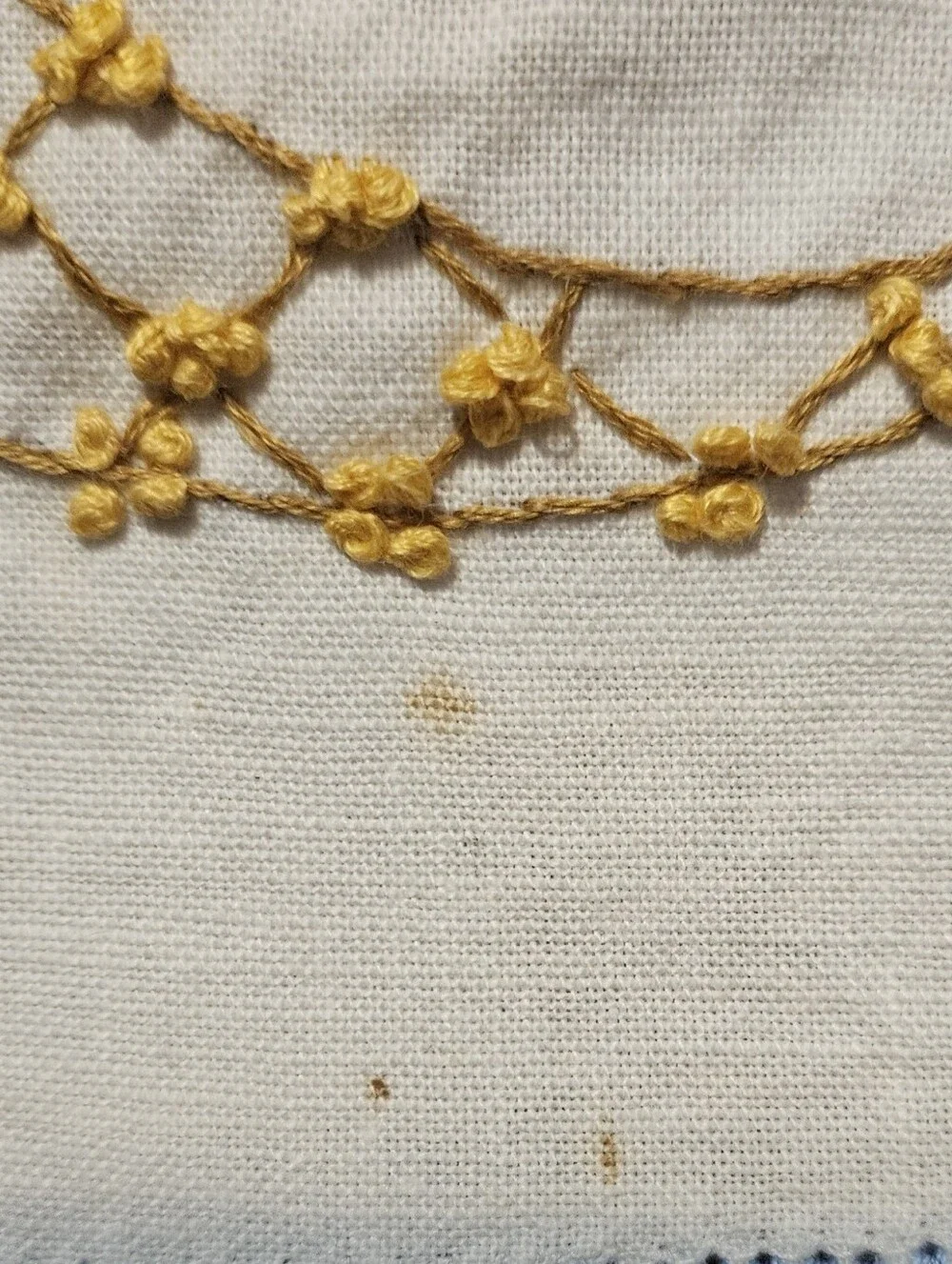 Vintage Embroidered Table Runner Cornucopia Butterflies Floral Blue Crochet Edge